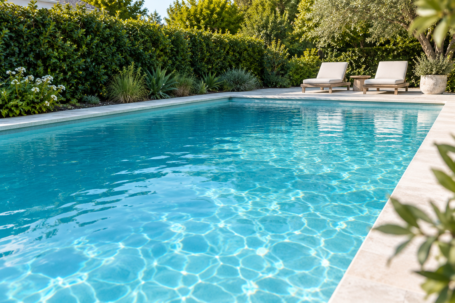 Clear blue pool water and a quiet, sunny pool deck